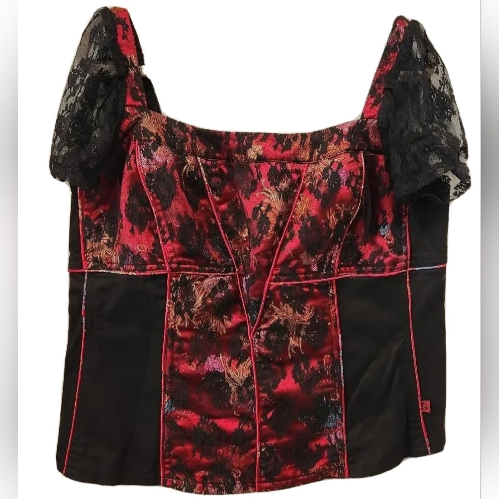 Tripp NYC Plus 2X XXL Red Brocade Lace Zip Corset Top Mall Goth Y2K Gothic